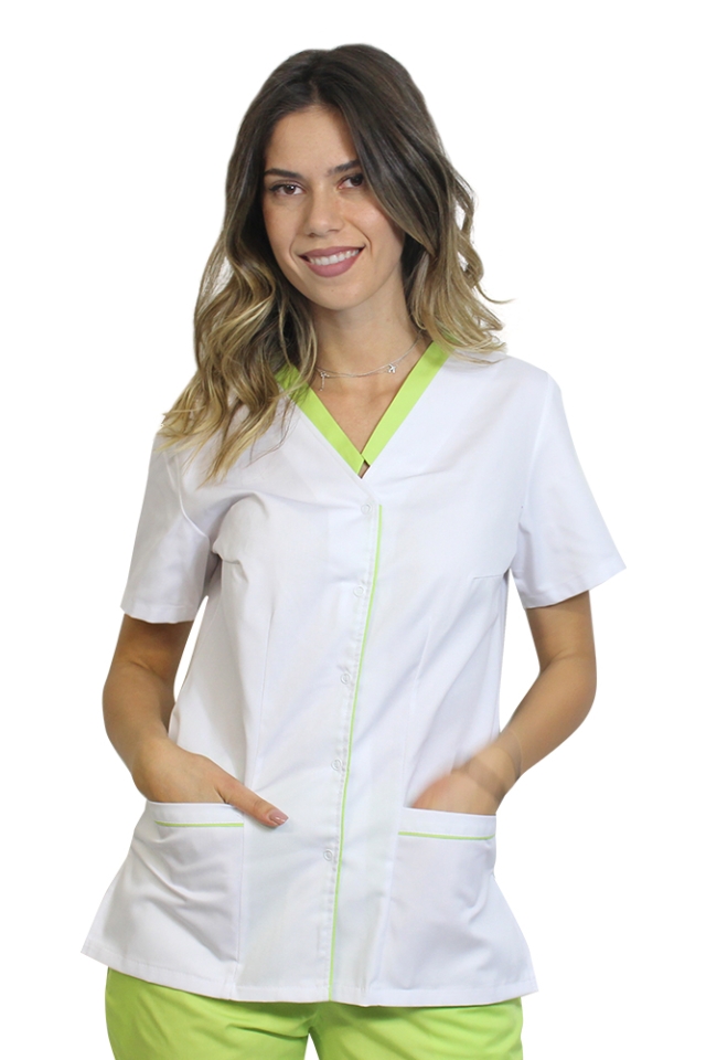 Halat medical cu elastan alb cu paspol lime, capse si trei buzunare aplicate
